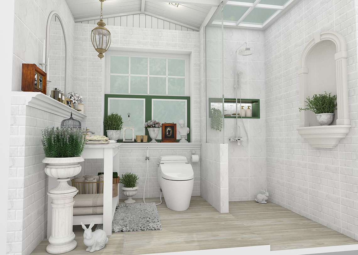 รูปแบบห้องน้ำ ลายหินอ่อนโทนสีขาว ที่ให้ความรู้สึกราวกับอยู่ในสวนสไตล์อังกฤษ 