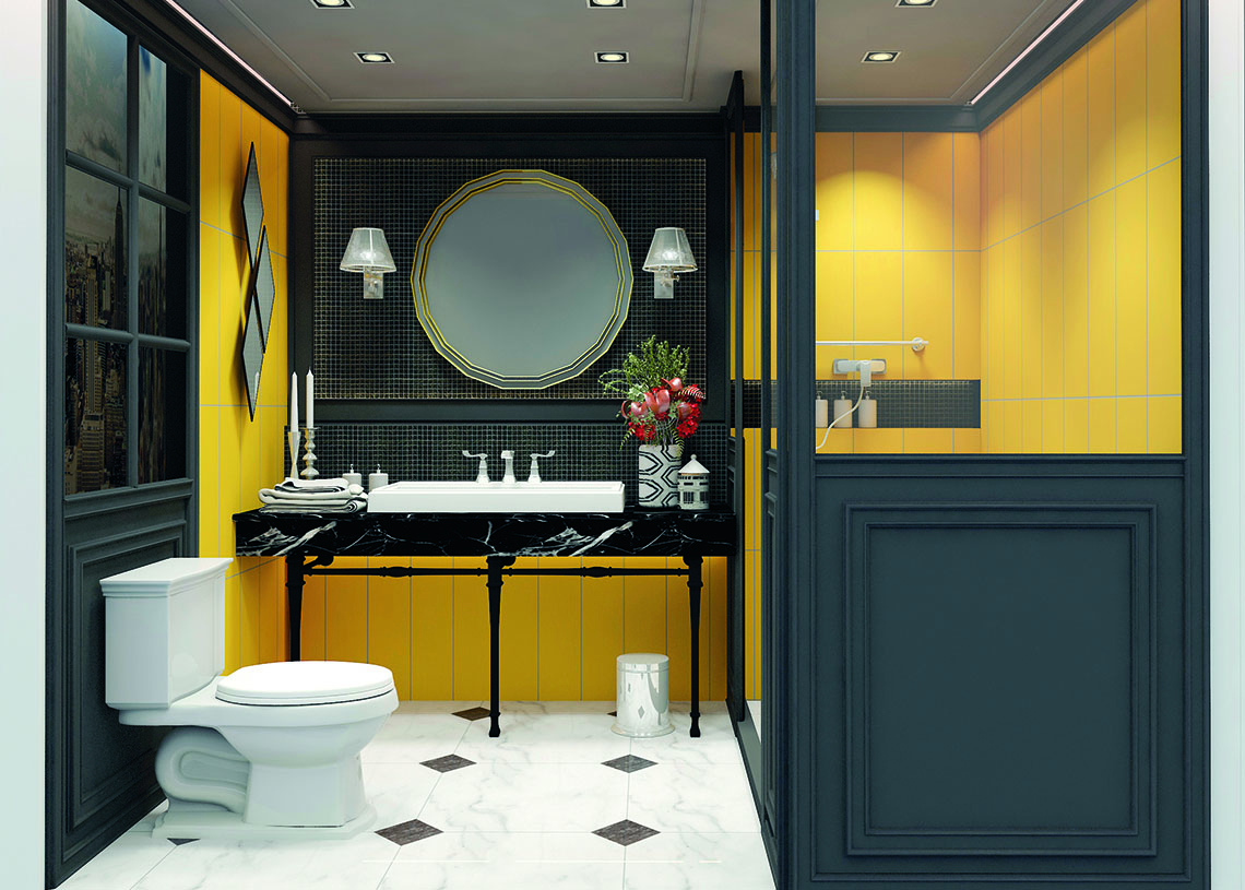 ไอเดียห้องน้ำ โทนสีเหลือง สไตล์ผู้หญิงสง่างาม แบบ Elegant